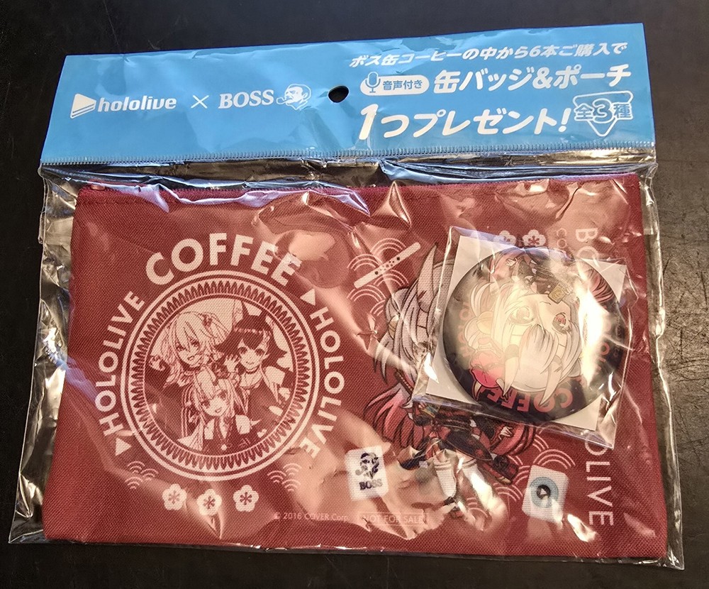 Hololive Nakiri Ayame Can Badge and Pouch Boss Coffee 2016 New Sealed