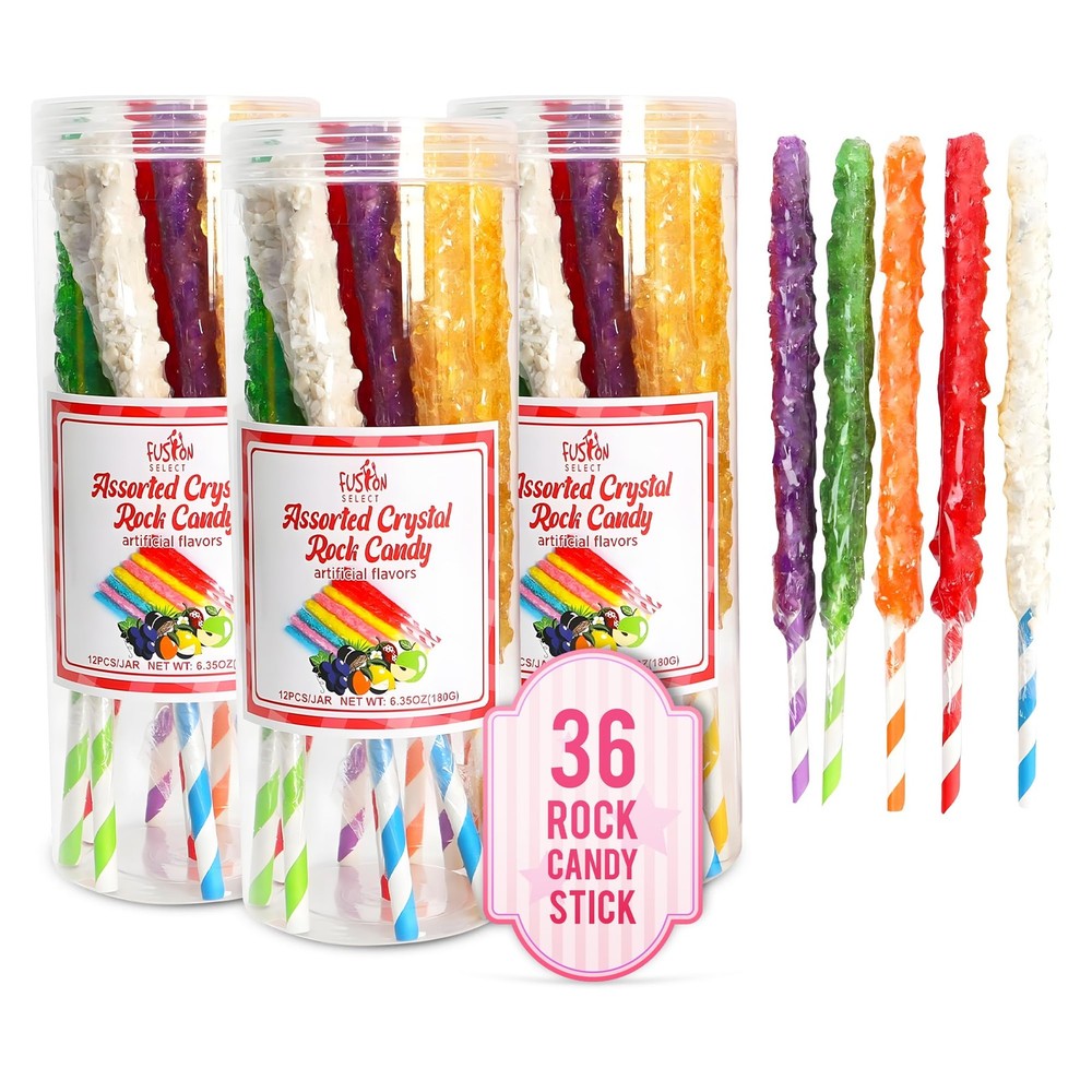 36 Crystal Rock Candy Sticks - Sweet Hard Sugar Lollipop Snacks with Strong Flavors