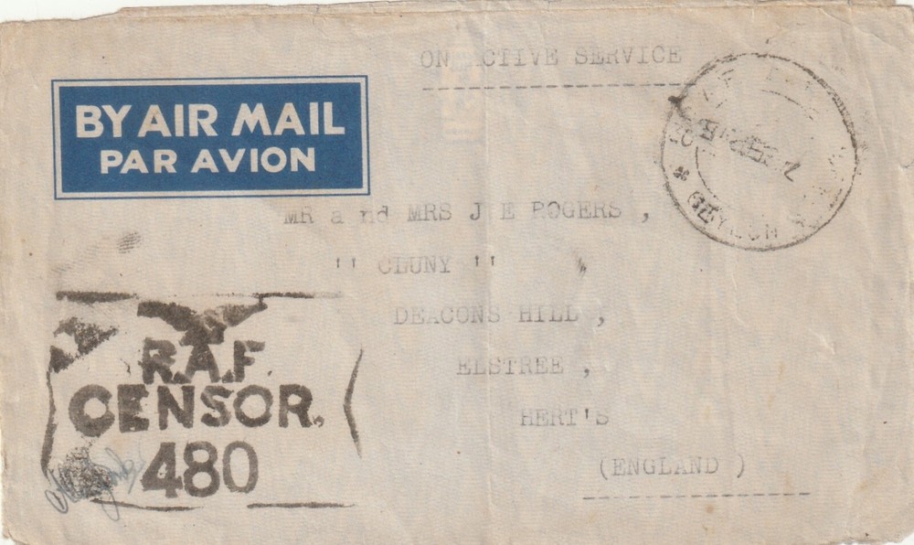 CEYLON to GB WW2 RAF POST 30 CEYLON 1945 ENVELOPE FRONT AIRMAIL