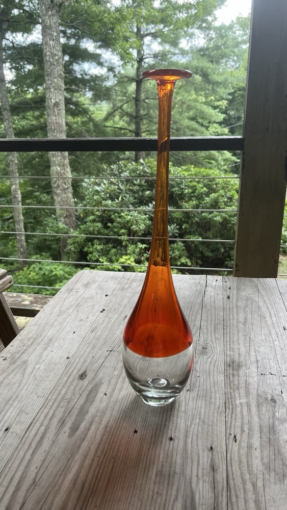 Vintage MCM Veneto Dijon Orange Art Glass Stretch Long Neck Vase w/Flange Rim