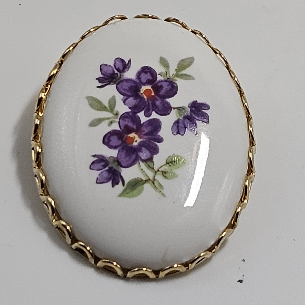 Vintage Purple Flowers Hand Painted Brooch Pin Gold Tone 2 inches