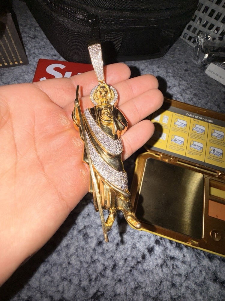 Big Huge Large 14k gold San Judas Diamond Pendant charm 5 Inches Long