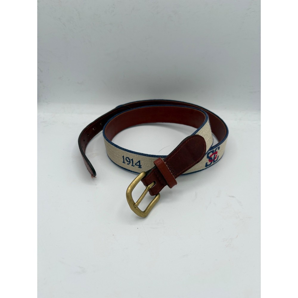 Smathers & Branson 1914 Needlepoint Leather Belt Brass Buckle Size 38