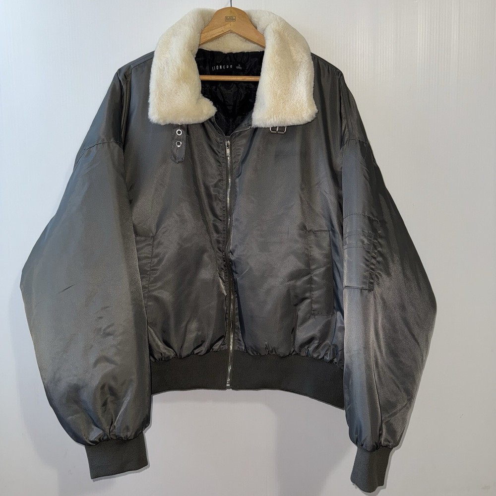 Lioness Carla Faux Fur Collar Oversized Nylon Bomber Jacket in Black