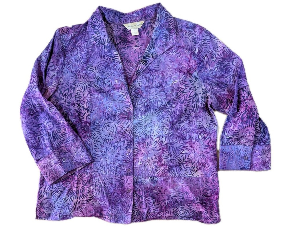Christopher & Banks Artstic Batik Floral 3/4 Sleeve Cotton Top Size L Abstract