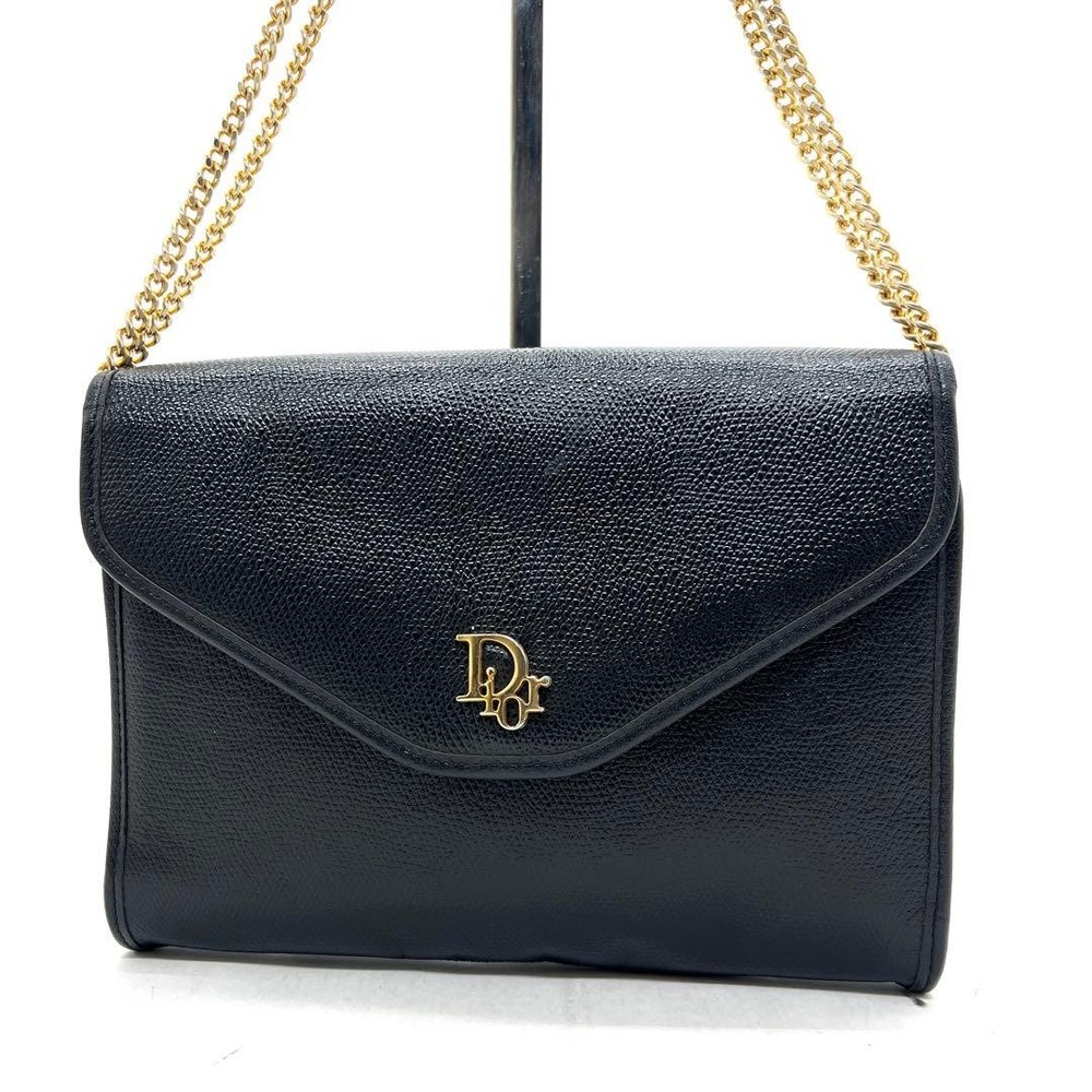 Christian Dior Vintage Black Leather Shoulder Bag with Chain and PVC Leather