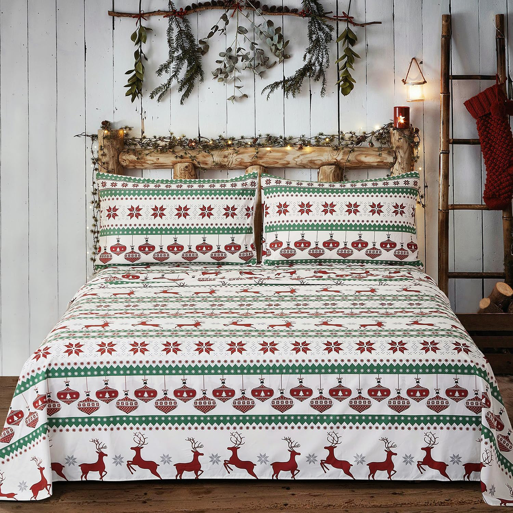 Christmas Microfiber Twin Sheet Set Green Red Reindeer 4-Piece