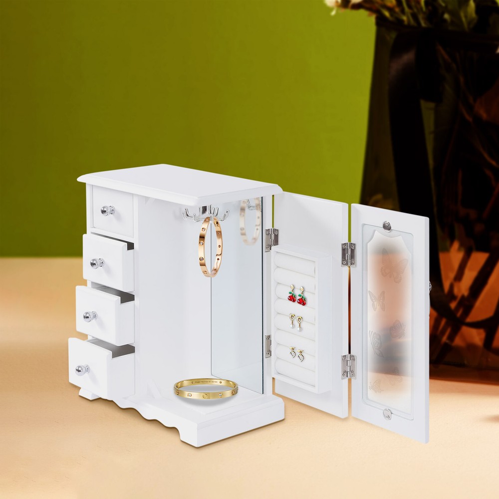 Jewelry Box Organizer Case Wooden with 4 Drawers Gift for Girls or Women White