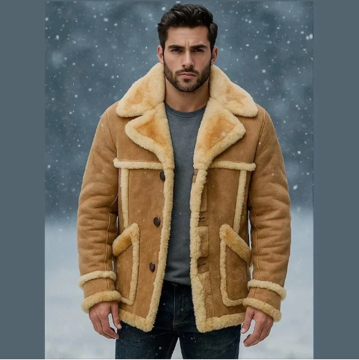 REAL 100% SHEEPSKIN LEATHER Faux Shearling FUR MARLBORO TRENCH Coat Mens Jacket