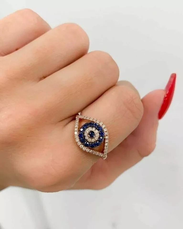 Wedding Evil Eye Ring 2Ct Round Simulated Blue Sapphire 14K Yellow Gold Plated