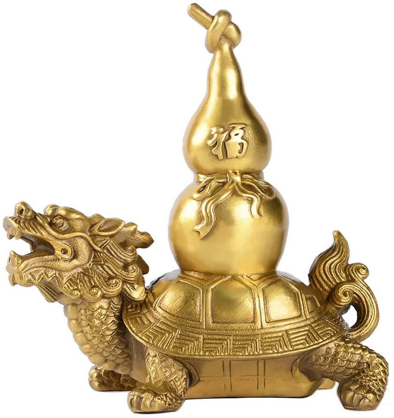 12.4cm Feng Shui Brass Statue Dragon Turtle gourd Home Office Tabletop Decor