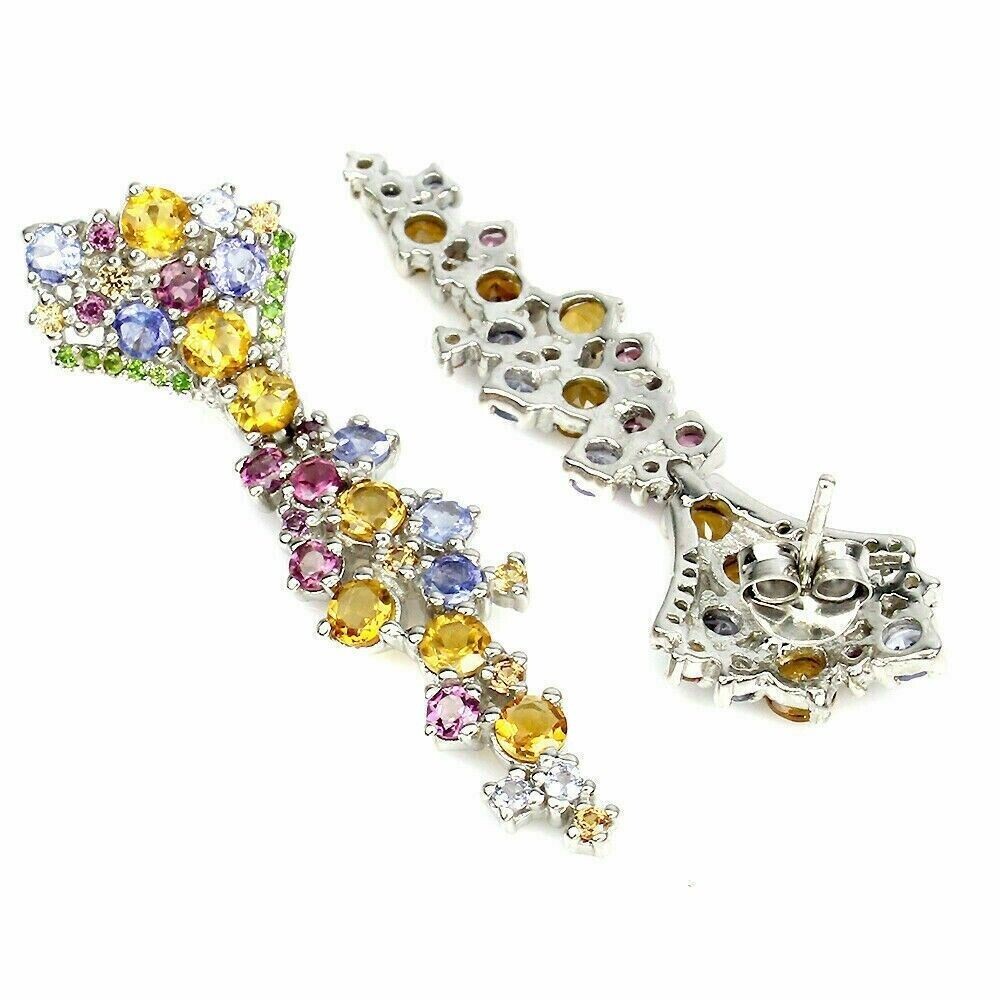 Sterling Silver Earrings with Genuine Tanzanite Citrine and Rhodolite Gems