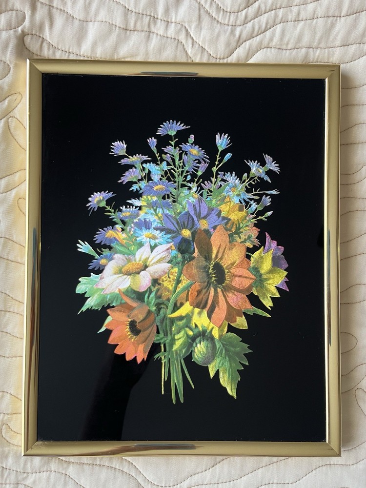 Vintage Kafka Metallic Art Framed Foil Picture Floral Bouquet 8x10 1980s