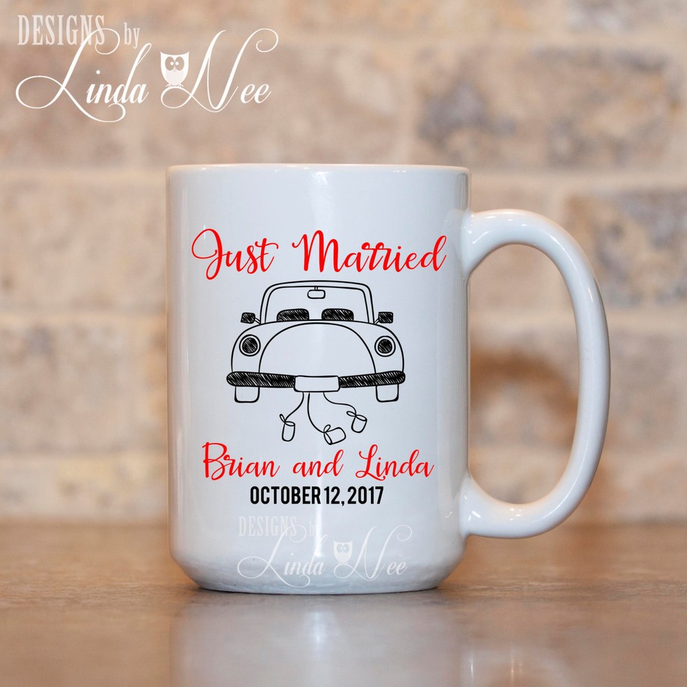 Personalized Just Married Car Mug Custom Bridal Shower Gift Wedding Keepsake