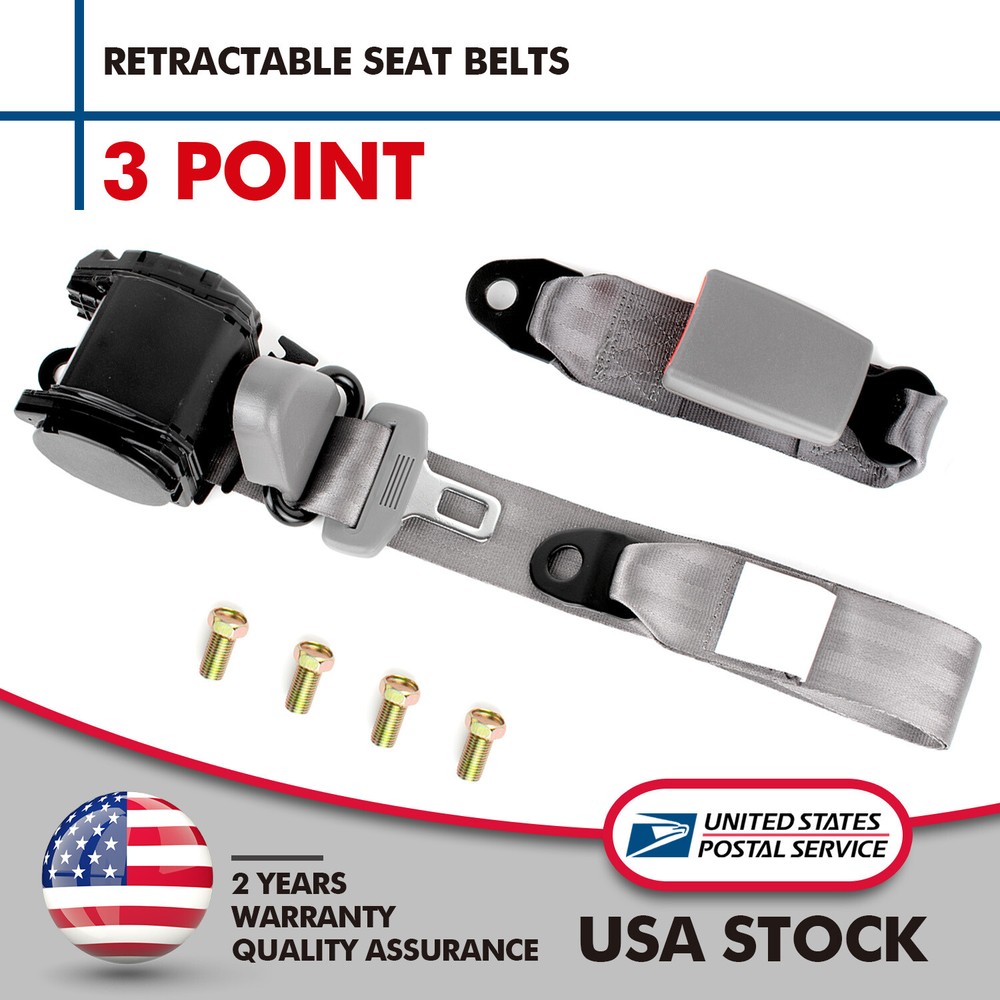 1 Set of 3 Point Universal Strap Retractable & Adjustable Safety Seat Belt Gray