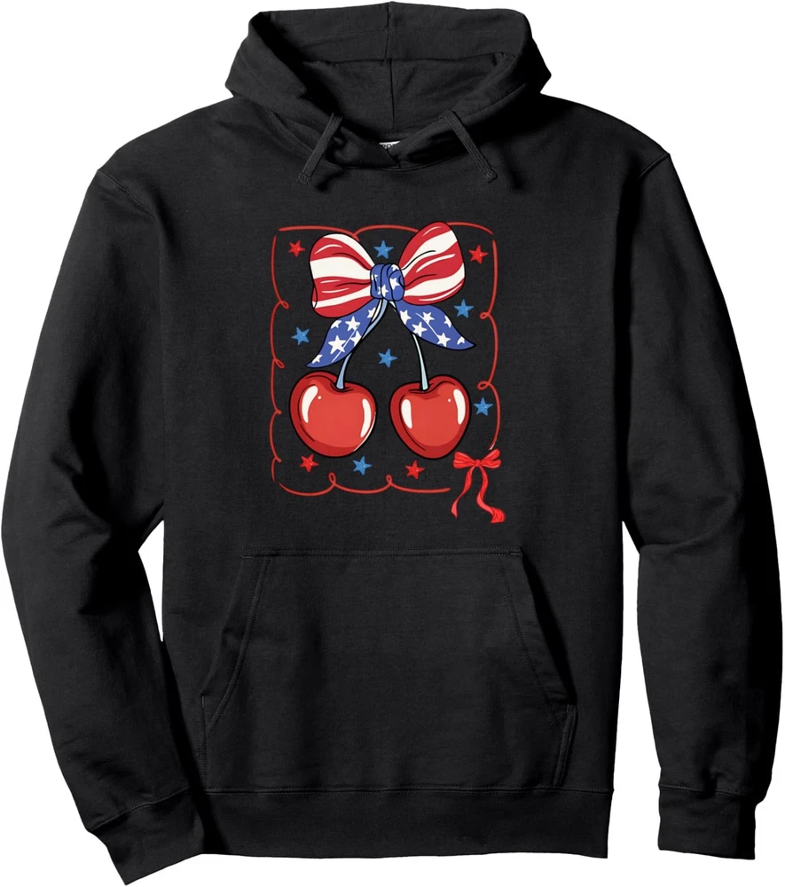 HOT-4Th Of July Cherry Coquette Bow Patriotic Usa Flag Unisex Hooded Sweatshirt