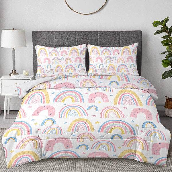 Rainbow Star Comforter Set 3-Piece Pink Yellow Geometric Bedding