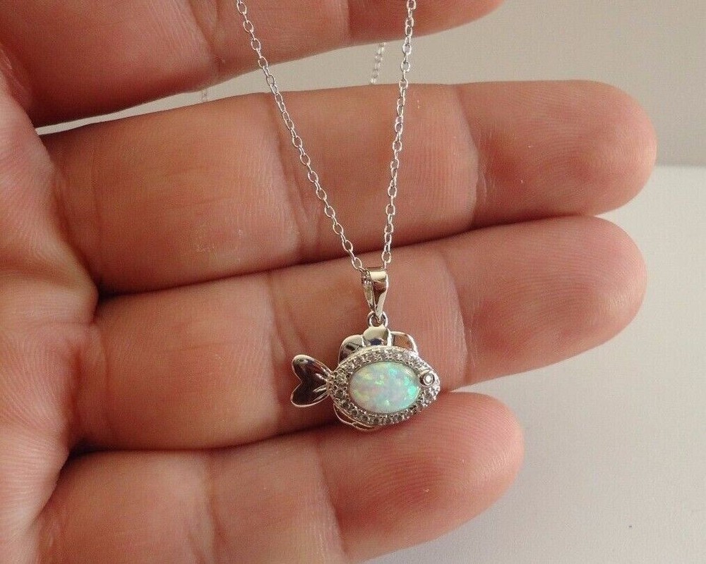 2Ct Oval Cut Simulated Fire Opal Fish Shape Charm Pendant 14k White Gold Plated