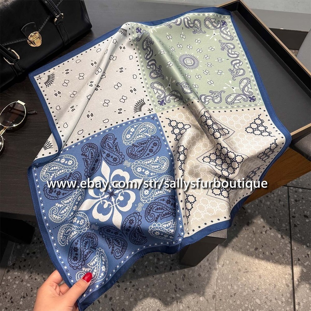 Sallys Blue Green Paisley Print 100% Satin Silk Scarf Hairband 21