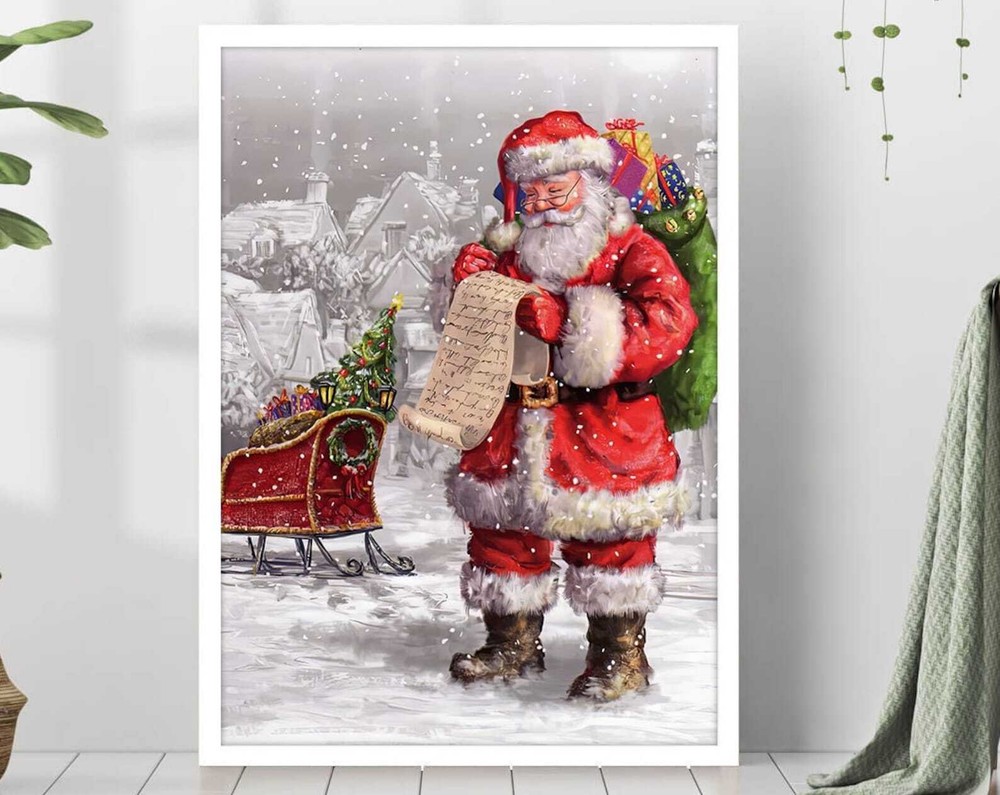 Vintage Christmas Wall Art Santa Claus Reading Book Oil Painting Xmas Home