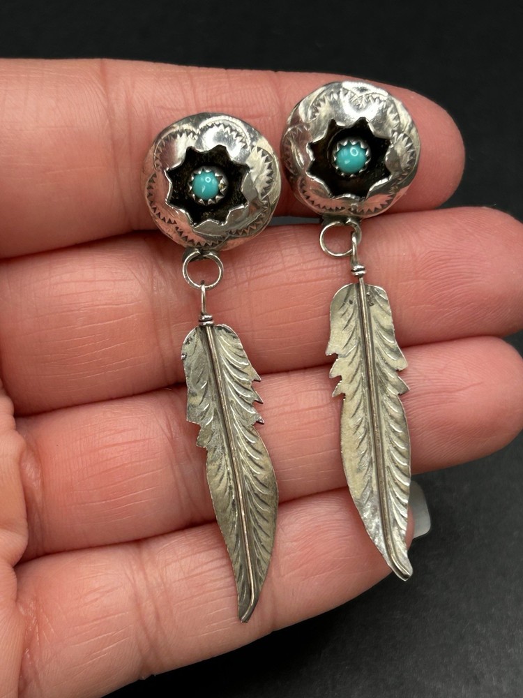 Native American Style Sterling Turquoise Feather Clip Back Earrings