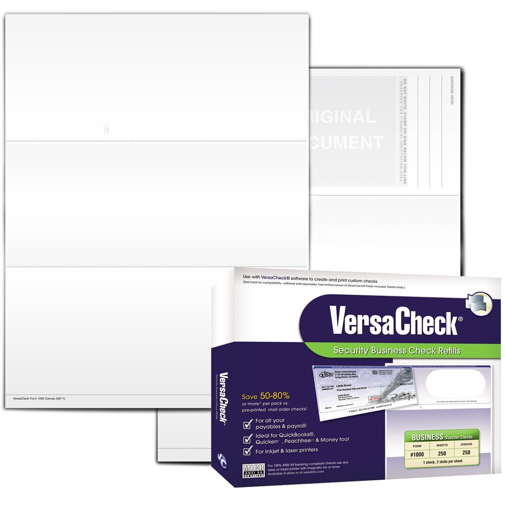 VersaCheck Secure Checks - 250 Blank Business Voucher Checks - White Canvas -...