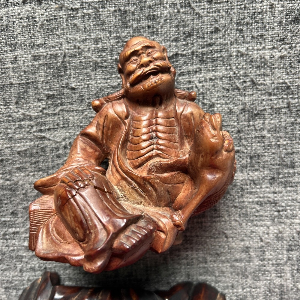 Hand Carved Teak Wood Laughing Buddha With Fish