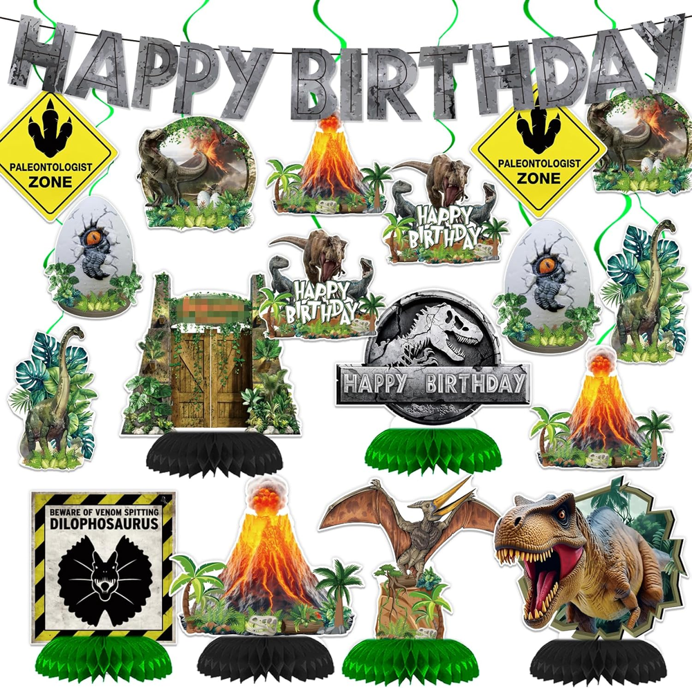 3D Dinosaur Birthday Decor Set with Hanging Swirls and Honeycomb Centerpieces - 19PCS
