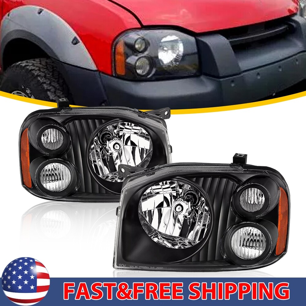 For 2001-2004 Nissan Frontier Base XE Black Housing Front Headlights Lamps Pair