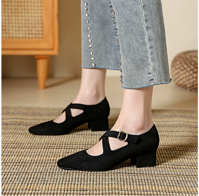 Women's Suede Square Toe Crossover Buckle Strap Block Heel Shoes