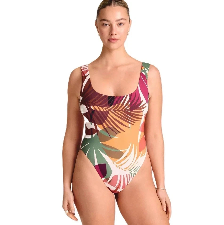 Vitamin A Dark Multicolor Palm Print Scoop Neck 1 Piece Swimsuit -- Small 4-6