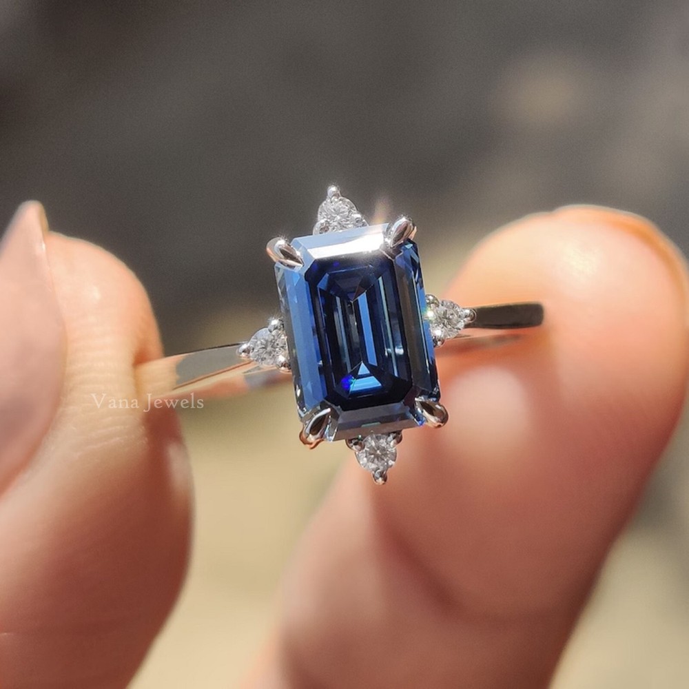 1.51 TW Electric Blue Emerald Cut and Round Cut Simulated Diamond Bridal Ring