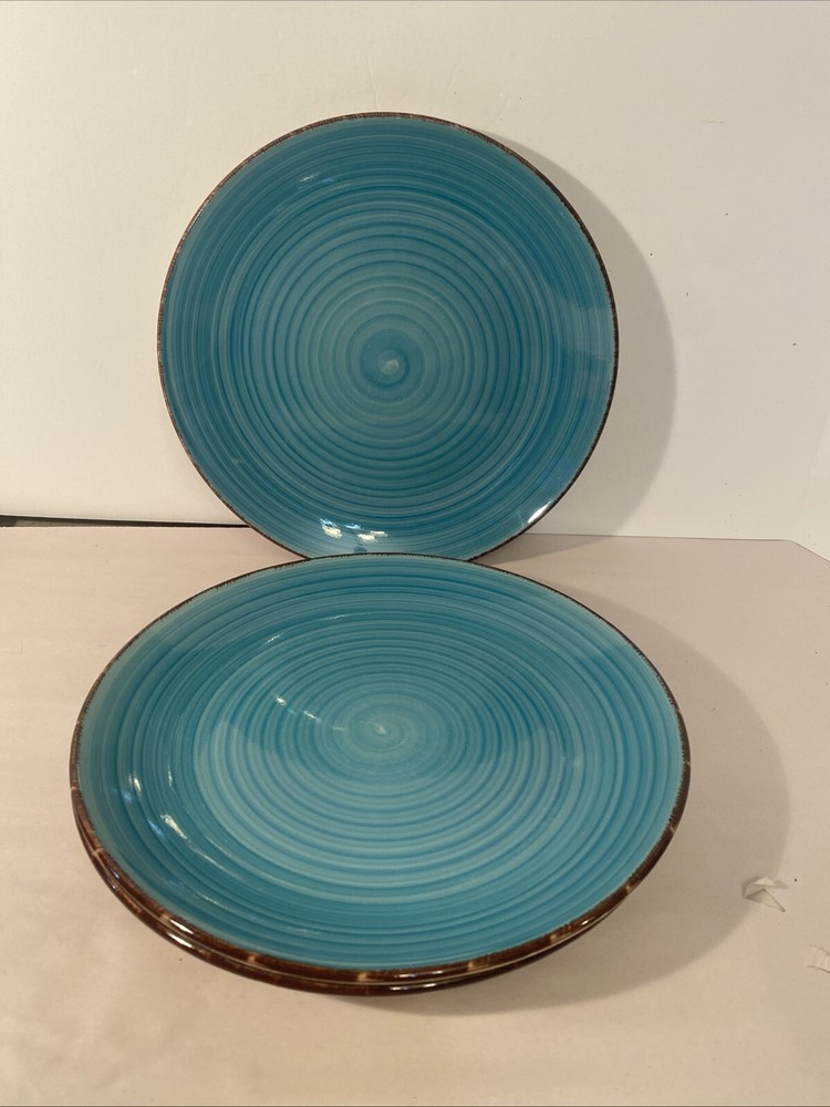 3 Six Royal Norfolk Turquoise Swirl Stoneware Dinner Plates 10 1/2” Brown Trim