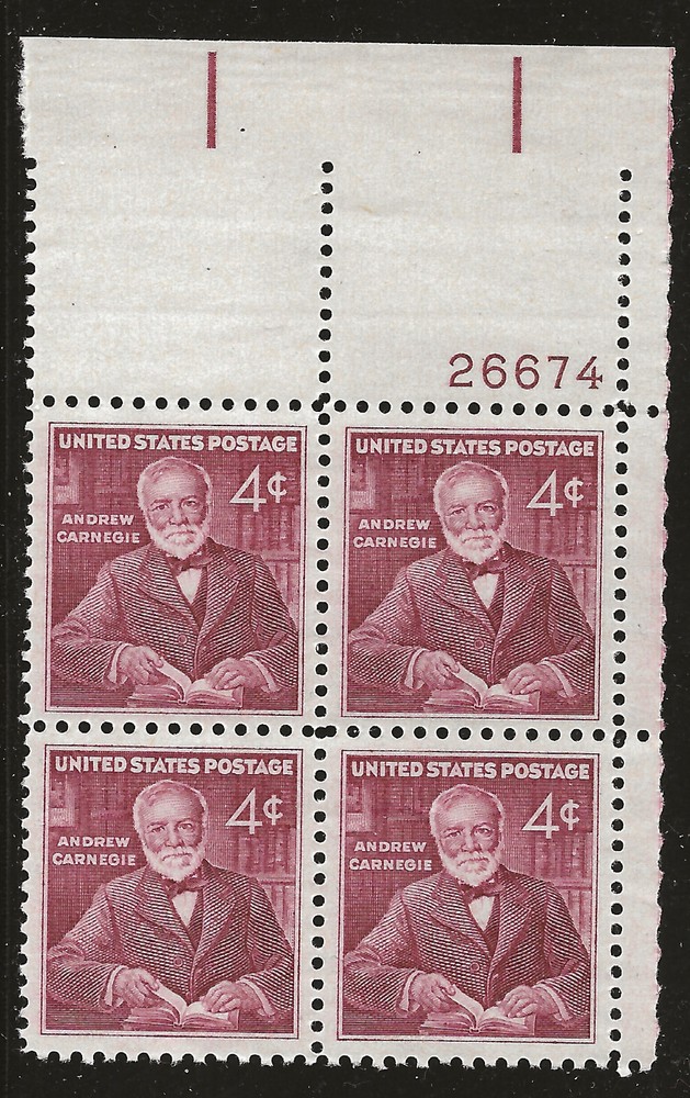 US Scott #1171, Plate Block #26674 1960 Carnegie 4c FVF MNH Upper Right