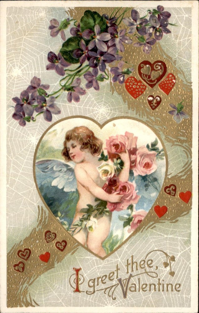 Valentine Cupid Rose Bouquet Gilt Embossed WINSCH c1900-20s Vintage Postcard