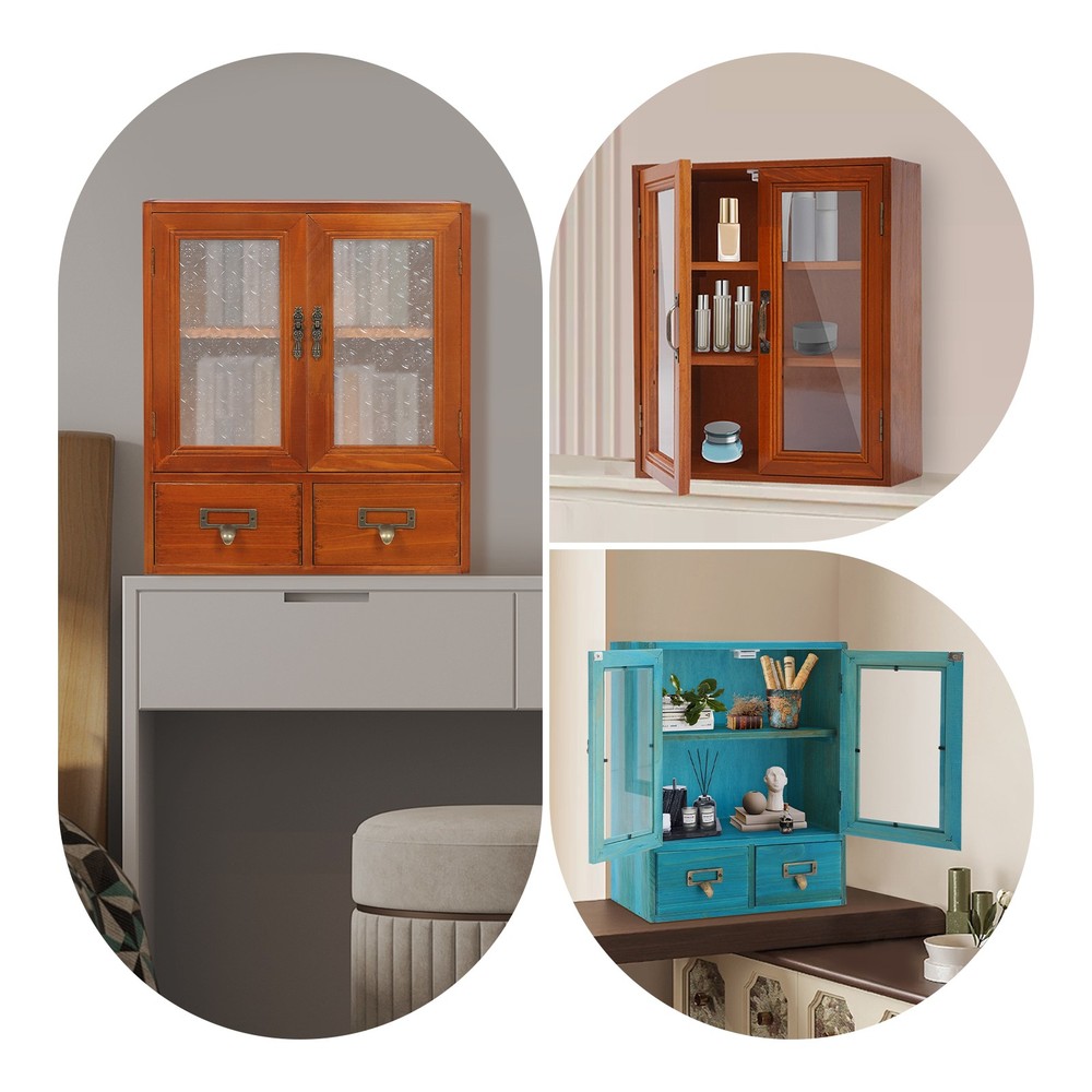 Brown Blue Wood Double Door Storage Cabinet  