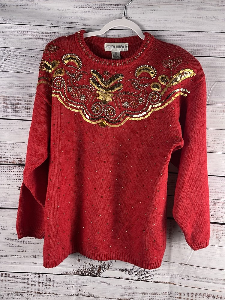 Victoria Harbour Womens Embroidered Sequins Beaded Sweater Size L Holidays  Vtg