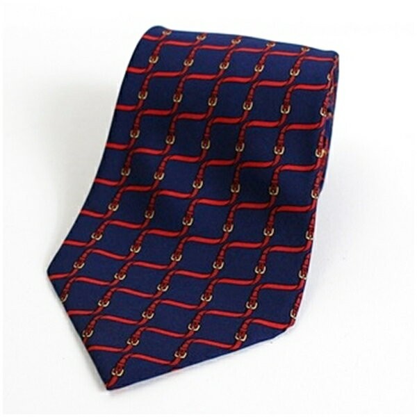 HERMES Necktie Tie Navy Red 100% Silk Made in France All over belt pattern