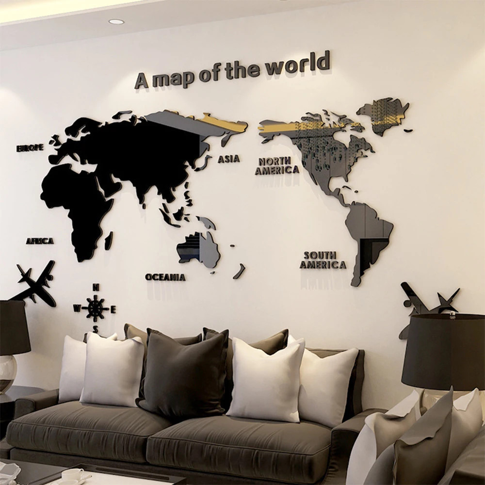 World Map Wall 3D Acrylic Wall Stickers Three-dimensional Mirror Sticker Bedroom