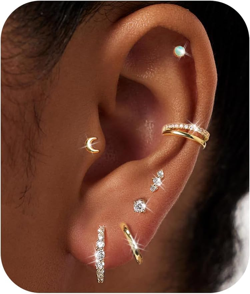 7 Pairs Gold Earrings Set for Women - Trendy Hypoallergenic Surgical Steel Flat Studs in Stylish Designs for Everyday Wear or Gifting