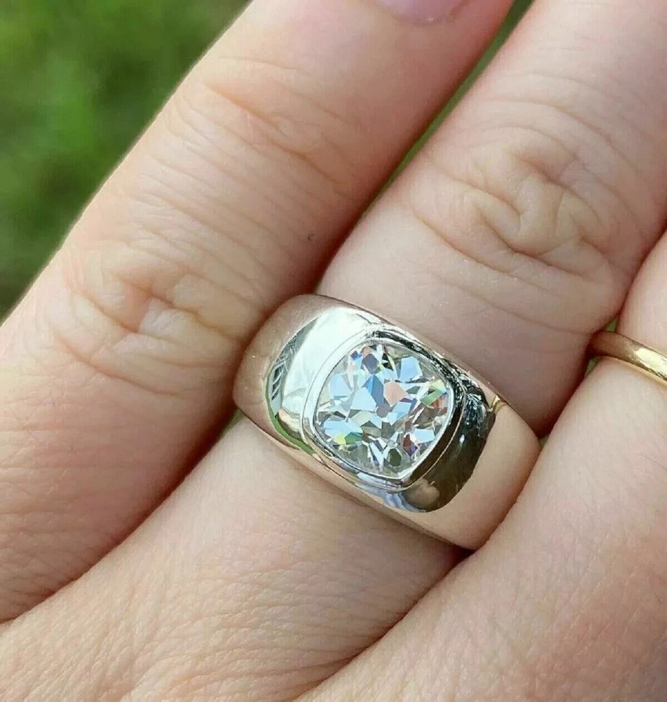 3Ct Cushion Cut Moissanite Bezel Set Men's Engagement Ring 14K White Gold Plated