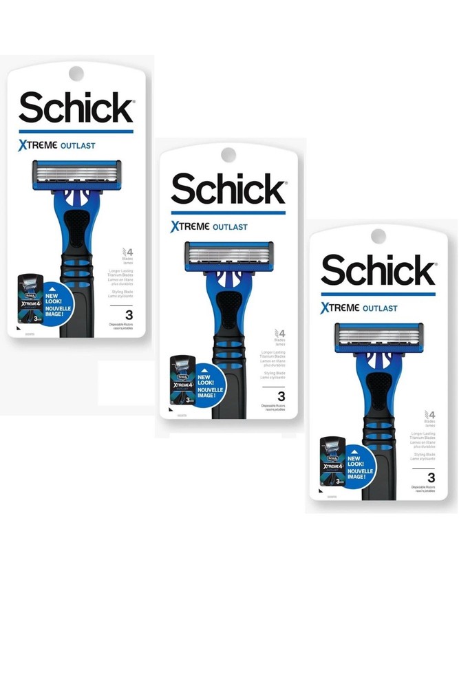 3 Packs Schick Xtreme Outlast 4 Blade Razors 3/Pk Total 9 Disposable Razors