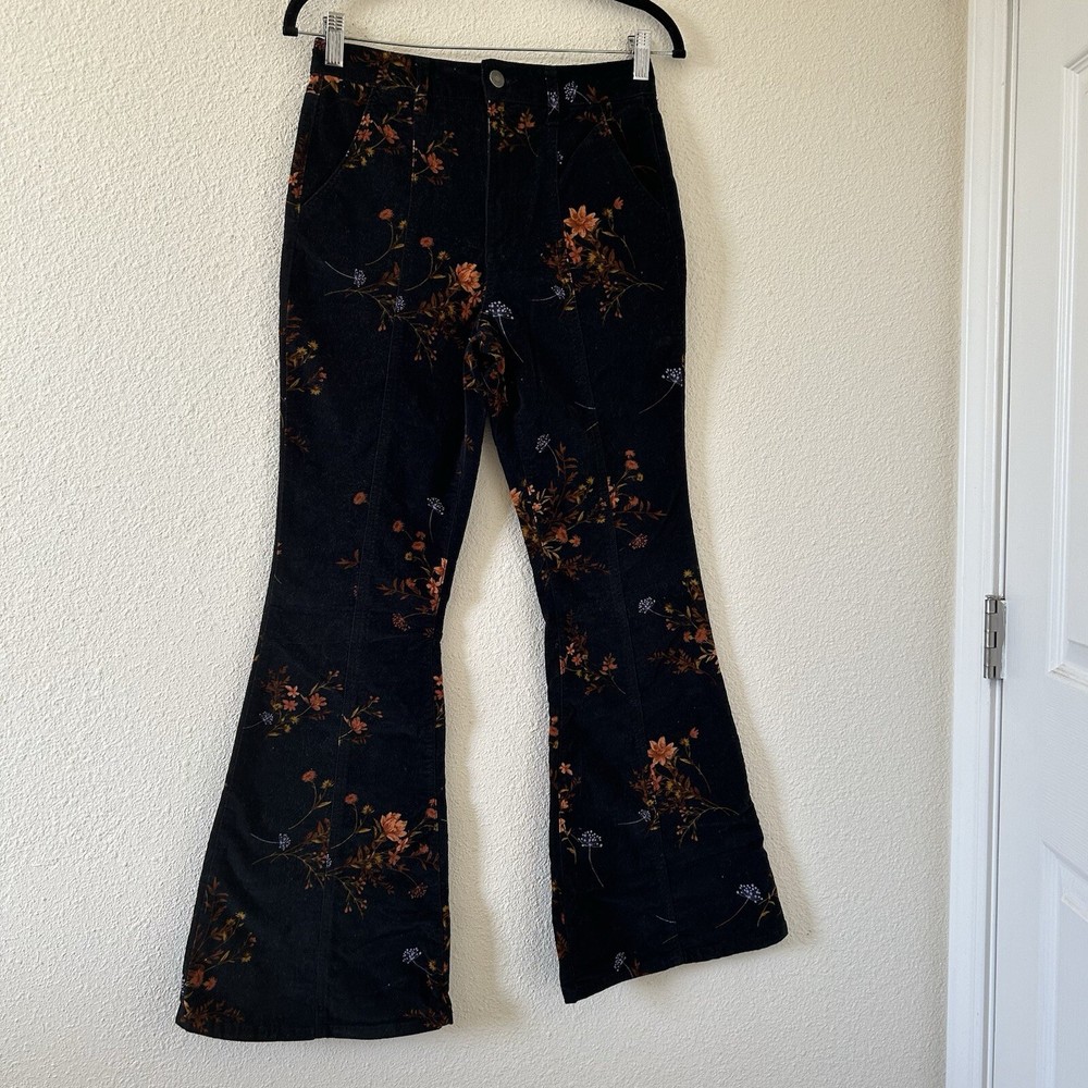 Forever21 Women’s Velvet Flare Pants Medium Floral Print Boho Festival Grunge
