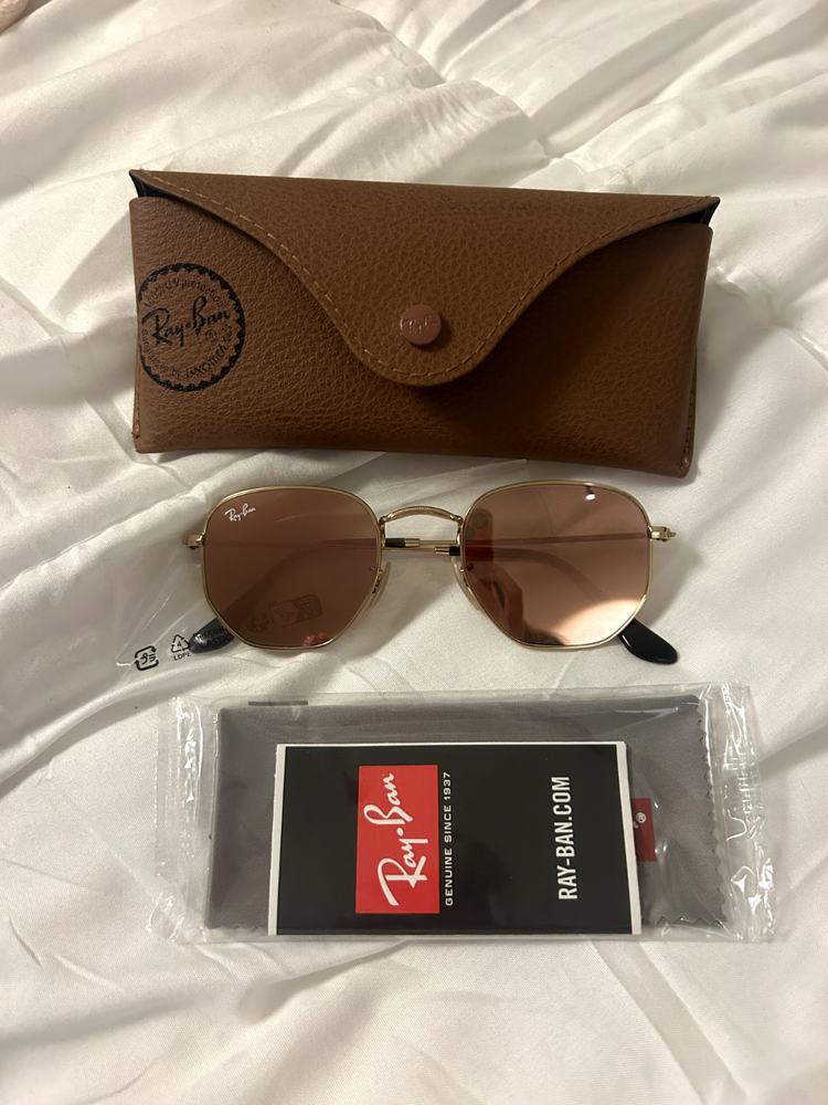 Ray-Ban RB3548N Hexagonal Flat Lenses Gold Frame Rose Gold Sunglasses New