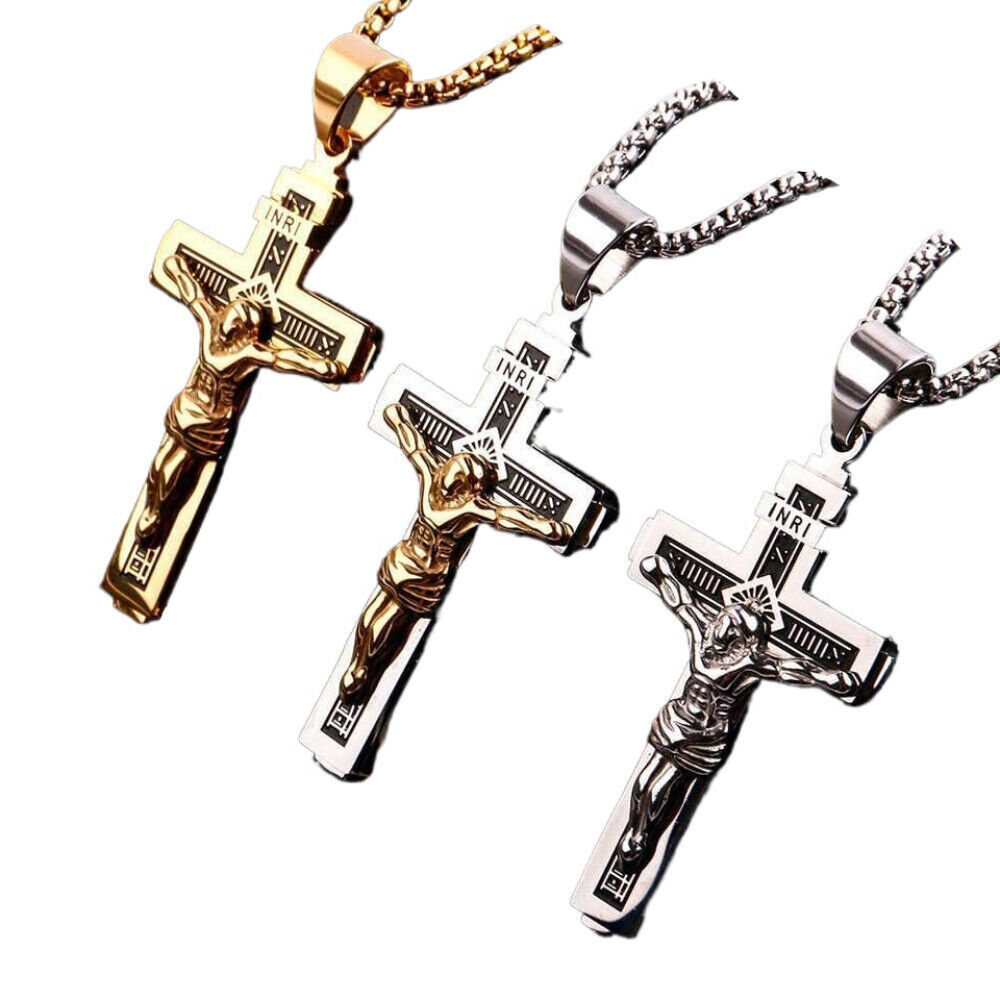Stainless Steel Golden Cross Catholic Crucifix Pendant Necklace 3 Color Choices