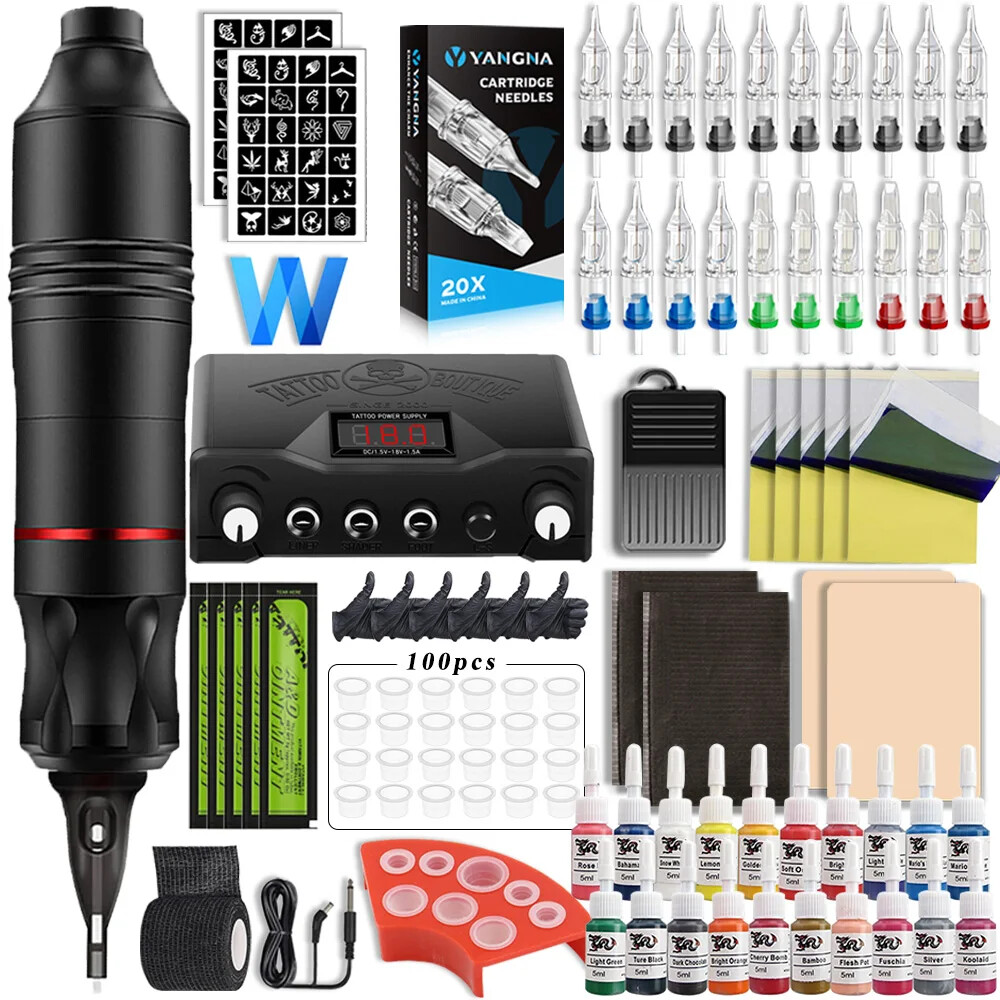 Pro Tattoo Machine Kit with Power Supply Cartridge Needles & Ink
