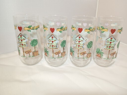 Libbey Thomson Pottery Birdhouse Glass Water Tumblers 16 oz Heart Vine Set of 4