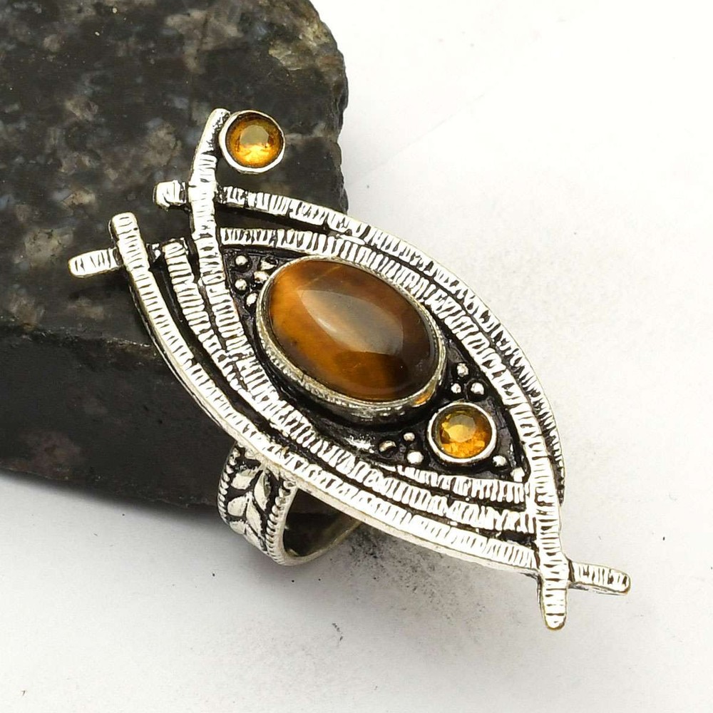 Tiger Eye Honey Citrine Handmade Gemstone Ring Ethnic Jewelry Size 8 AR 83918