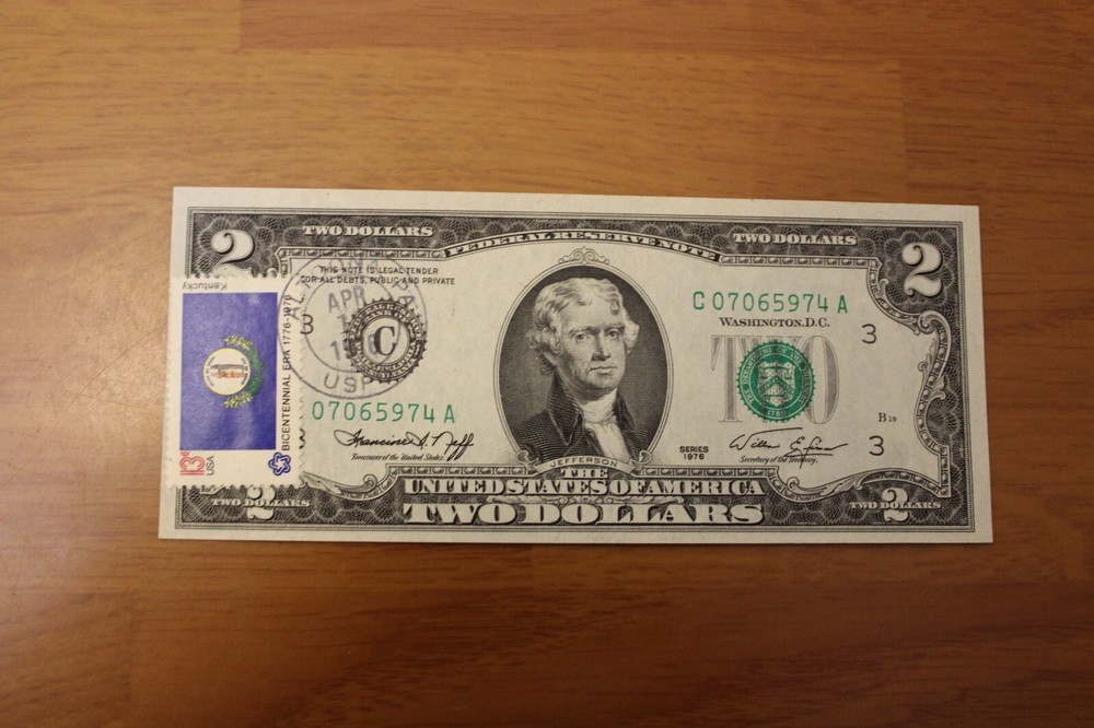1976 Two Dollar Bill - First Day Issue Stamped - Uncirculated
