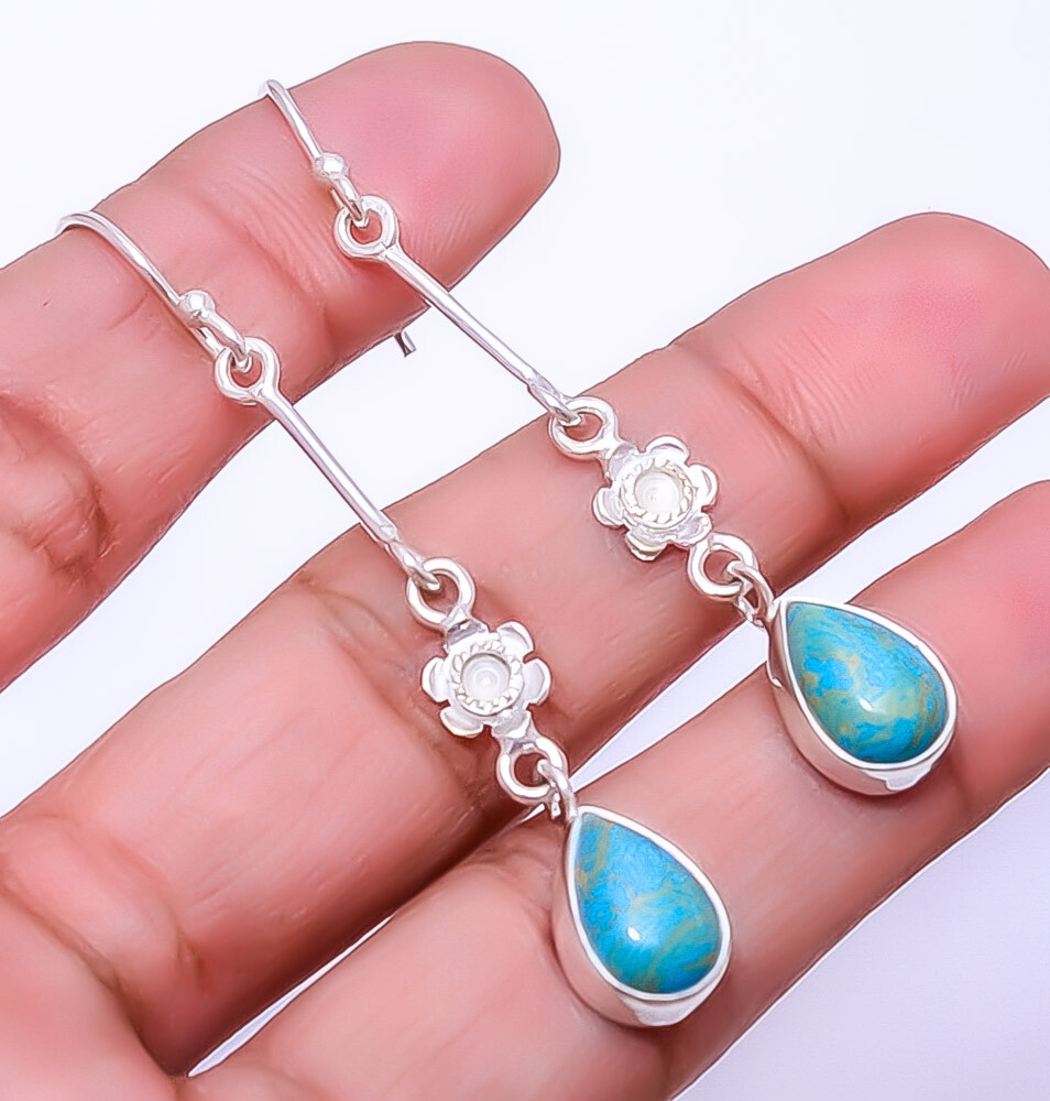 Copper Blue Turquoise Designer Handmade 925 Sterling Silver Earring 2.46